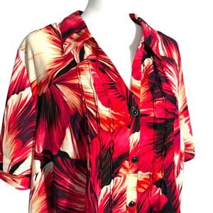 CATHERINES‎ 2X Petite Red Floral Button Up Collar Stretch Tropical Blouse Shirt